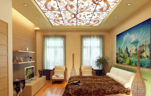 витраж на потолке из гипсокартона в спальне
