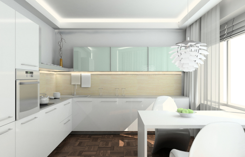 красивый потолок с подсветкой на кухне